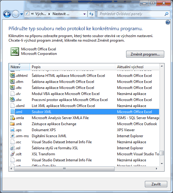 Nastavení otevírání XML souboru Excel dokumentu pro Windows XP